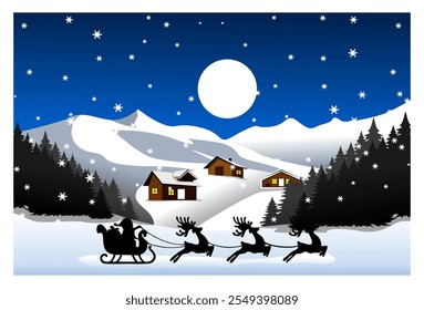 ilustração de uma paisagem de inverno à noite com um fundo de montanhas geladas, tema de Natal, completo com renas voadoras, casas, árvores de Natal, Papai Noel.