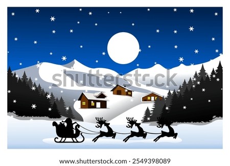 illustration of a winter landscape at night with a background of icy mountains, Christmas theme, complete with flying reindeer, houses, Christmas trees, Santa Claus.