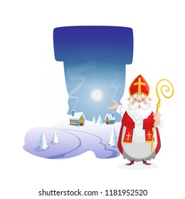 Illustration winter landscape at night in form of boot with cute Saint Nicholas