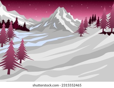 illustration of a winter landscape and pine trees