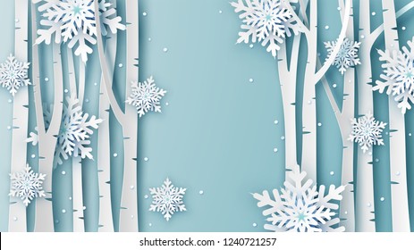 Illustration of Winter landscape with snow fall in forest. and place for your text space. paper cut and craft design. vector, illustration.