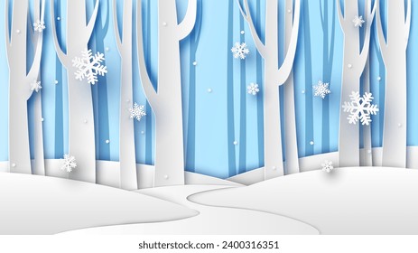 Illustration of Winter landscape with snow fall in forest. Merry Christmas and Happy New Year. paper cut and craft design. vector, illustration.	