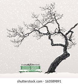 Illustration of a winter landscape with a tree and a bench