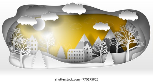 Illustration of a winter landscape with trees, mountains and buildings. Paper art style