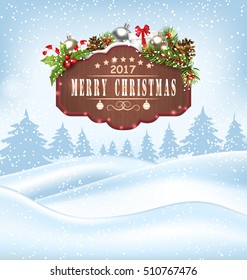 Illustration Winter Landscape with Wooden Sign and Decoration, Happy 2017 New Year - Vector