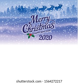 Illustration of Winter Morning Scene with Christmas Forest. Festive Background with Text Merry Christmas, Moon and Santa Claus Riding in a Sleigh, Snowfall for Design of Poster