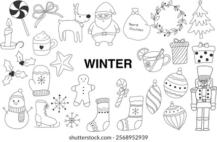 An illustration of winter motifs with distinctive hand drawn lines