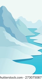 Illustration of winter mountains between icy rivers