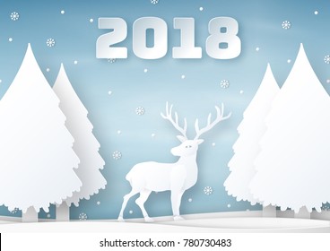 illustration of Winter nature landscape with snowflakes, snowballs, Christmas trees and Reindeer on blue sky background, paper art design and craft style. 2018 Merry Christmas and New Year concept.