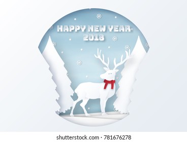 illustration of Winter nature landscape with snowflakes, snowballs, Christmas trees and Reindeer on blue sky background, paper art design and craft style. 2018 Merry Christmas and New Year concept.