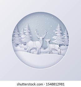 illustration of winter nature landscape with snowflakes,Merry Christmas and new year concept,Paper art design and craft style