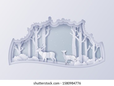 Illustration of winter nature landscape with snowflakes,Merry Christmas and new year concept,Paper art design and craft style