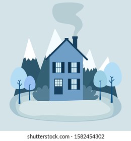 Illustration of winter nature lanscape, Winter Landscape with trees and mountain, Winter Landscape flat design
