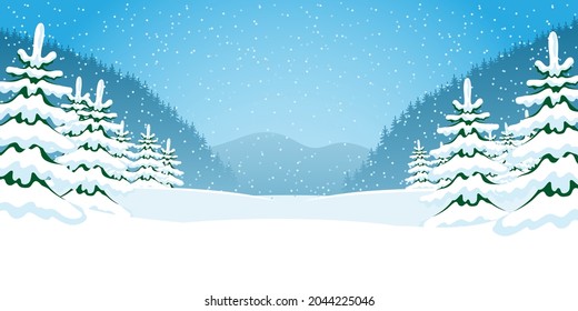 Illustration of winter nature with snow covered trees and mountains.