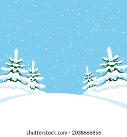 Illustration of winter nature with snowy trees on blue background.
