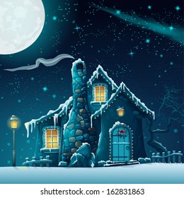 Illustration of a winter night with a fabulous house and lantern