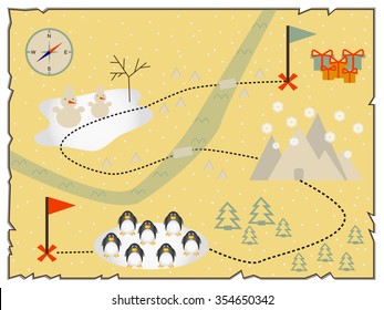 Illustration of the winter old map to find treasure with and compass star. Vector.