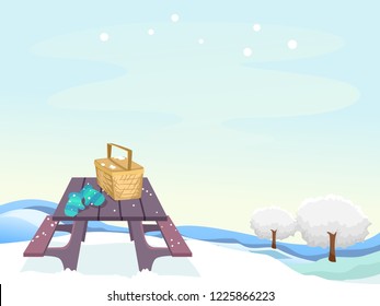 Illustration of a Winter Picnic Setup on a Picnic Bench with Basket and Winter Gloves
