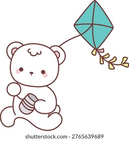 Illustration of winter polar bear playing a kite 