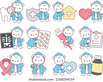 Illustration of winter polar bear in the variation of doctor and hospital elements