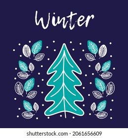 Illustration of winter postcard with leaves and blue christmas tree, the ornament with white and blue leaves on the deep blue background, winter illustration