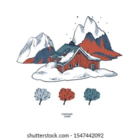 Сhristmas illustration, winter red houses covered with snow in scandinavian style, Happy New Year natural greeting card, vintage mountains landscape 