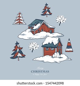 Сhristmas illustration, winter red houses covered with snow in scandinavian style, Happy New Year natural greeting card, vintage mountains landscape 