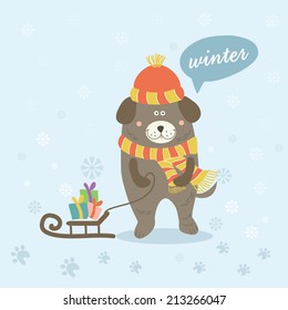 Illustration of a winter scene with a cartoon dog