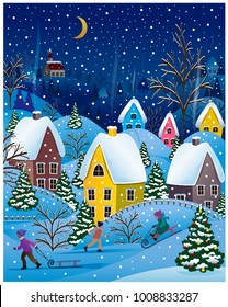 illustration of winter scene with nice houses and kids