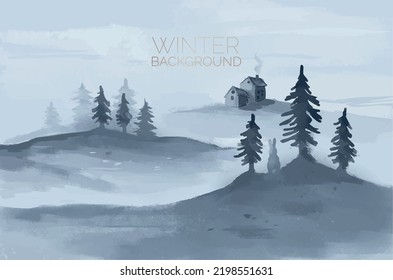Illustration of winter scene with pines and house on blue colour palett