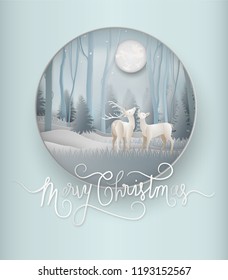 Illustration of winter season and beautiful of reindeer with pine forest woods landscape background. Merry christmas and new year greeting card concept. Paper art and digital craft style.