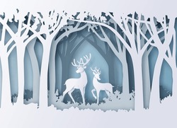 Illustration Of Winter Season And Christmas Day  Reindeer In Forest . Paper Cut Art.
