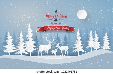 Illustration Of Winter Season And Christmas Day Deer In Forest With Snow.vector Paper Cut Style.