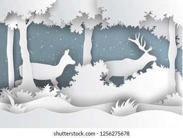 Illustration of winter season and Christmas day Deer in forest with snow,Vector paper art digital craft style