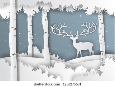 Illustration of winter season and Christmas day Deer in forest with snow,Vector paper art digital craft style