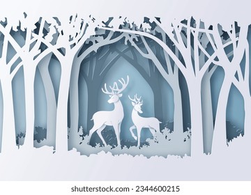 Ilustración de la temporada de invierno y del reno de Navidad en el bosque. arte de corte de papel.