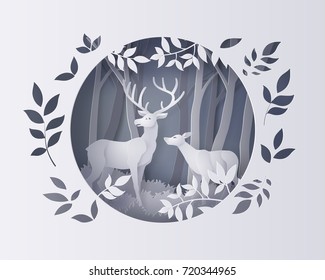 Illustration Of Winter Season And Christmas Day Deer In Forest With Snow.vector Paper Art   And  Digital Craft Style.