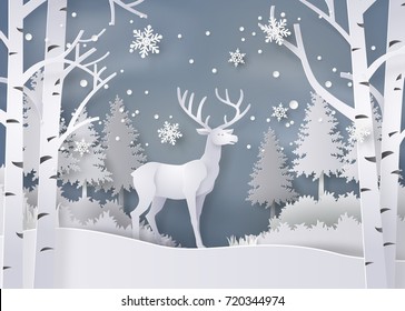 Illustration Of Winter Season And Christmas Day Deer In Forest With Snow.vector Paper Art  Digital Craft Style.