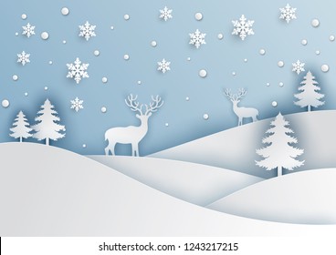 Illustration of winter season and Christmas day,Deer on mountain with snow.vector paper art style.