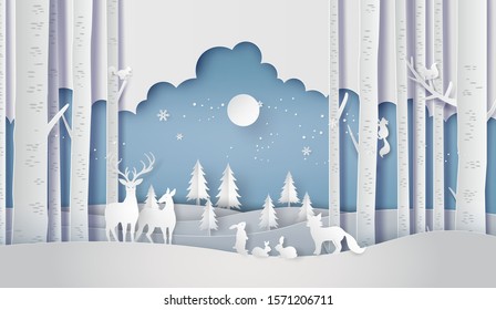 Illustration of winter season and Merry Christmas . The animal in forest with fullmoon,paper art and craft style