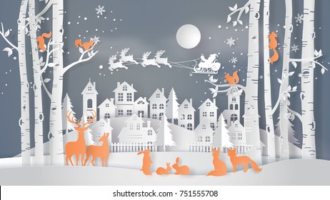 Illustration of winter season and Merry Christmas . The animal in forest with Santa Claus on the sky coming to City ,paper art and digital craft style