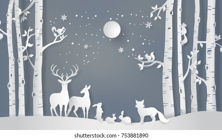 Illustration Of Winter Season And Merry Christmas . The Animal In Forest With Full Moon,paper Art And Digital Craft Style