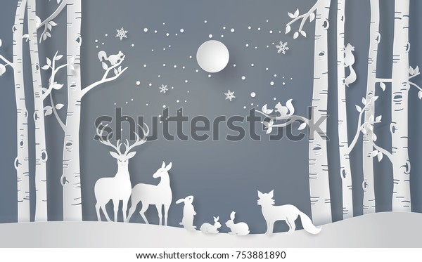 冬とメリークリスマスのイラスト 森の中の動物で 満月 紙芸 デジタル工芸品 のベクター画像素材 ロイヤリティフリー