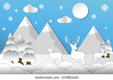 Illustration of winter season with the Mountains, trees and deer . Creative concept of winter celebration. Paper art style. Vector illustration.