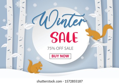 Illustration of winter season sale with the squirrel is climbing on the tree and snow is shining. Paper art style. Creative concept of winter celebration. Vector illustration
