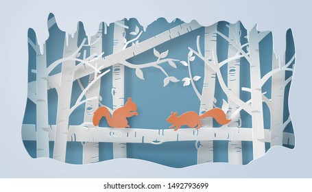 Illustration of winter season with the squirrel is climbing on the tree and snow is shining. Paper art style.