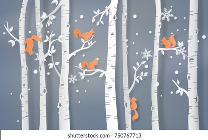 Illustration of winter season with the squirrel is climbing on the tree and snow is shining. Paper art and  digital craft style.