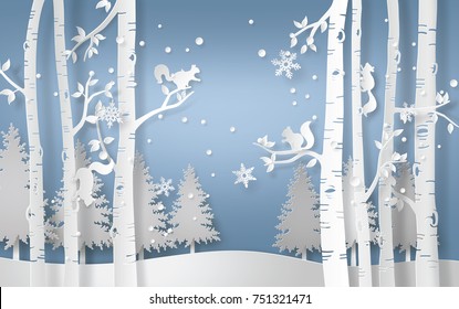 Illustration Of Winter Season With The Squirrel Is Climbing On The Tree And Snow Is Shining. Paper Art  Digital Craft Style.