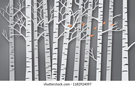 illustration of winter season,Bird are flying in the forest,paper art and craft style.