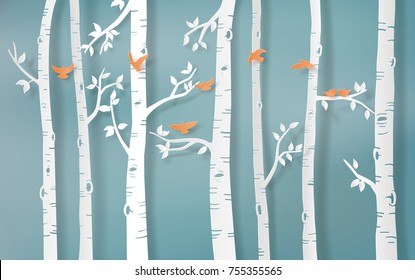
Illustration of winter season,Bird are flying in the forest,paper art and  digital craft style.